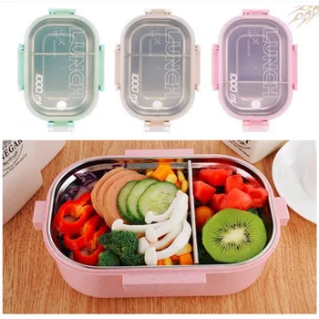 

3 Colors Stainless Steel 304 Lunch Box 1000ml Microwave Oven Bento Boxes Wheat Straw Dinnerware Lunchbox BPA Free