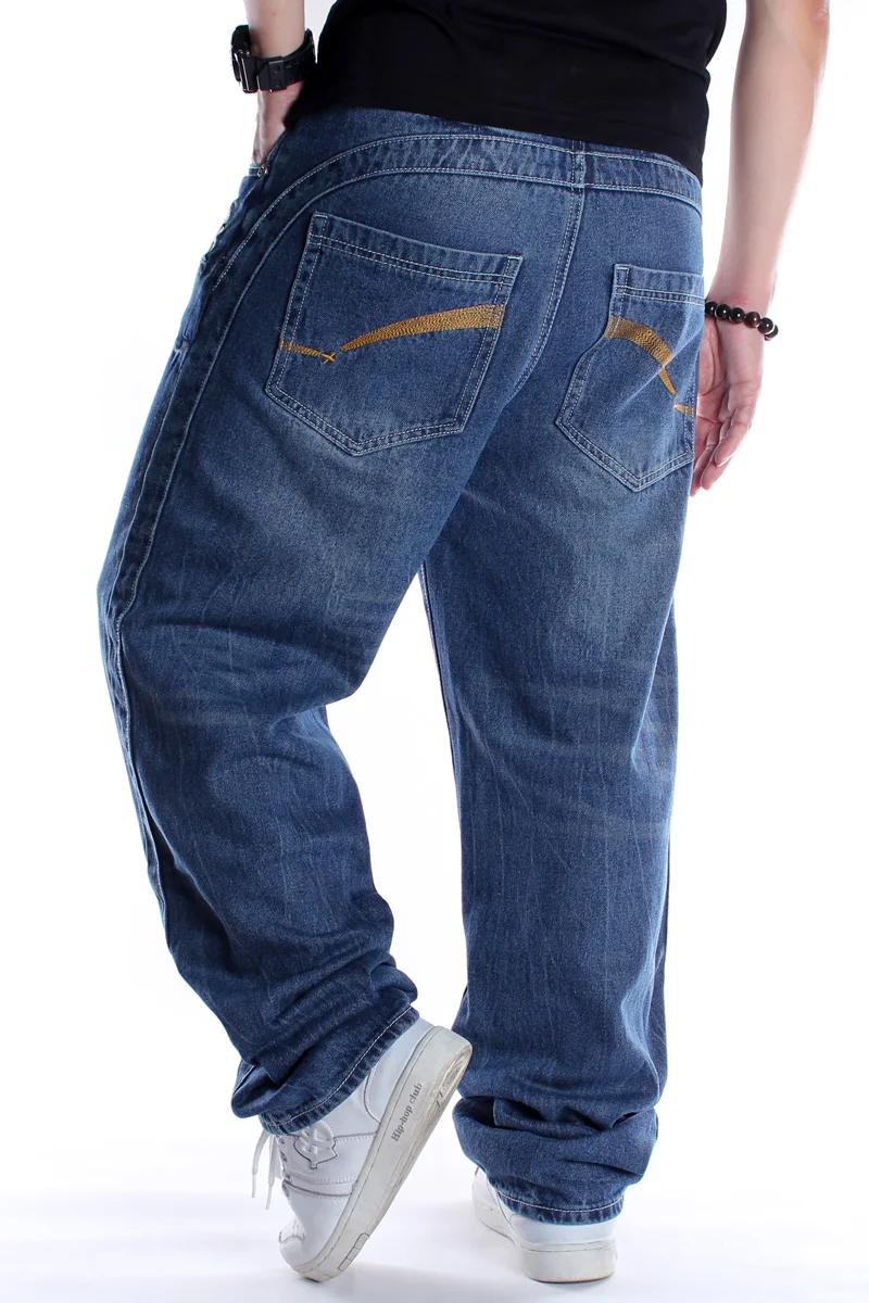 Синий Men's Street Embroidered Hip Hop Jeans Male Trend Personality Loose Fat Long Pants Men Plus Fertilizer Skateboard Denim Trousers - Цвет: Синий