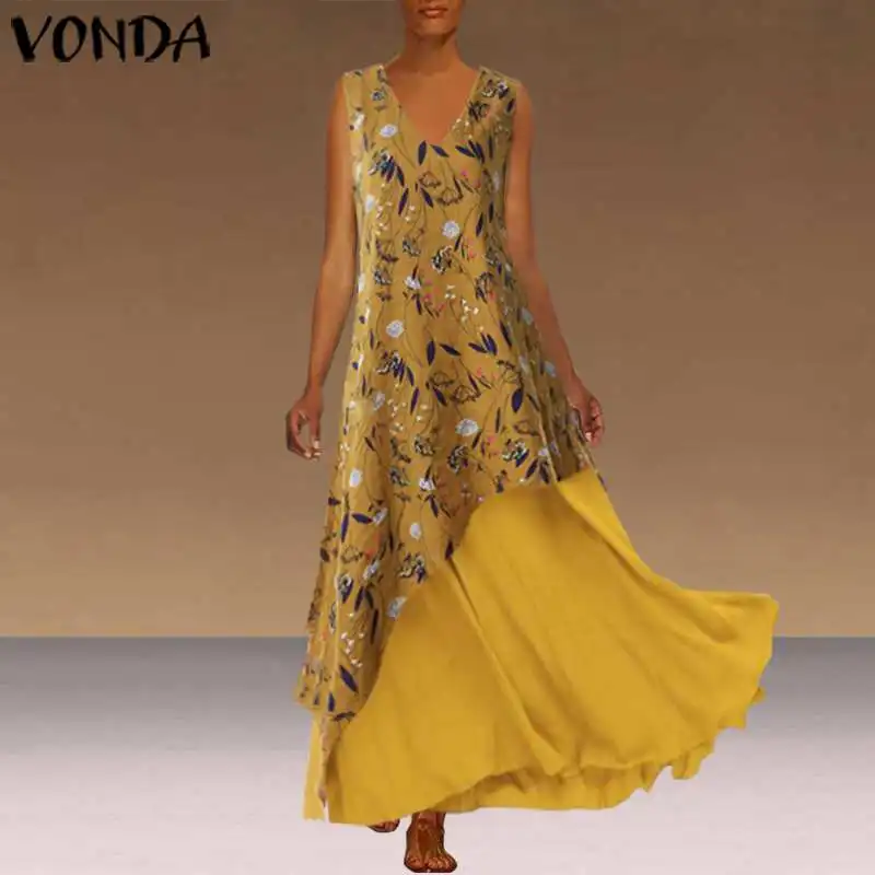 VONDA, асимметричное макси платье, женское, сексуальное, v-образный вырез, без рукавов, летнее, длинное, повседневное, свободное, сарафан размера плюс, vestidos, халат, 5XL