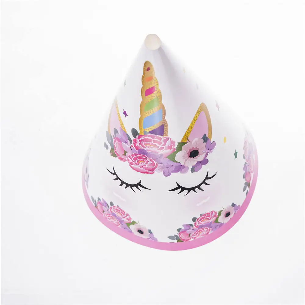 hat 6pcs Единорог тема мультяшный набор для вечеринки бумажные шляпы круглые головные уборы дети день рождения партии платье - Цвет: hat 6pcs