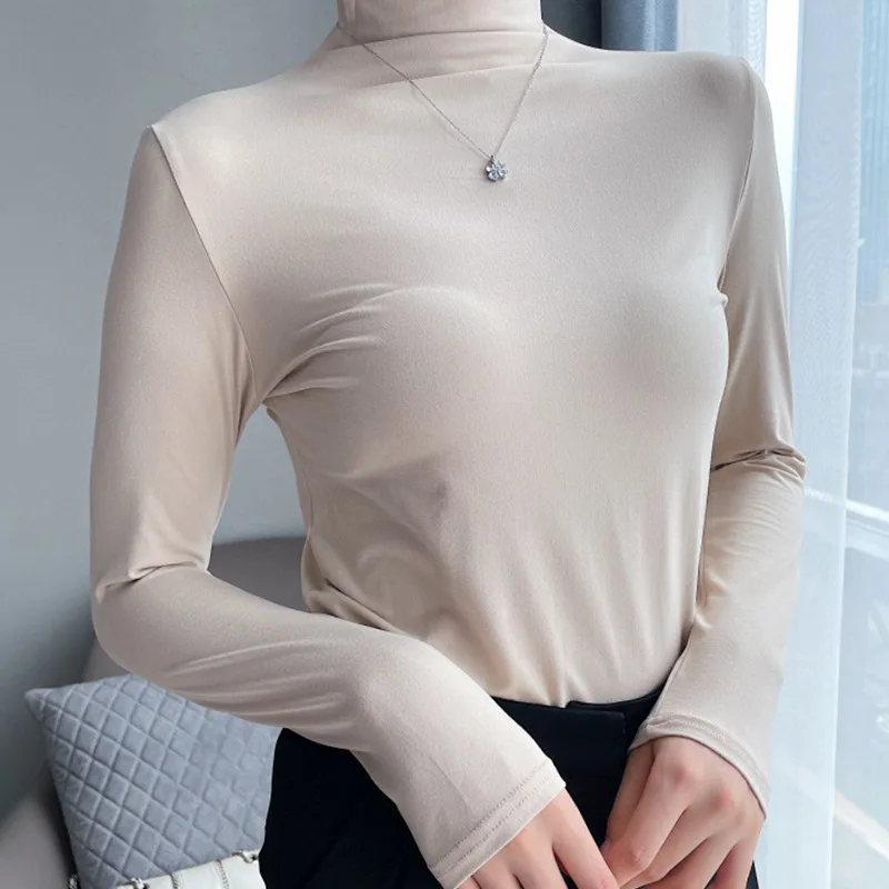 Acheter T-shirt à col roulé pour femme, sous-vêtement thermique, coupe  cintrée, basique, dessus chaud d'hiver