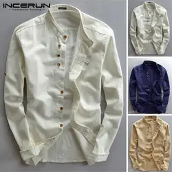 INCERUN 2019 Новая мужская повседневная хлопковая рубашка в стиле ретро в китайском стиле с воротником-стойкой, тонкая однотонная Новая модная