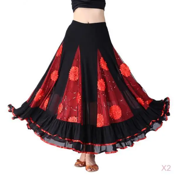 2 x Flamenco Ballroom Waltz Dance Swing Skirt Sequined Floral Party Dress Red