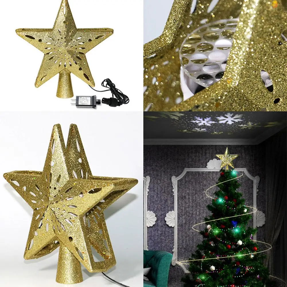 Рождественский светильник TreeTopper Сверкающая Звезда 3D полый светильник в форме звезды с вращающейся снежинкой для украшения рождественской елки