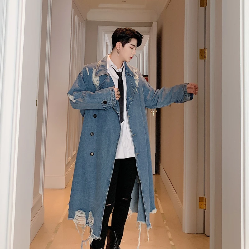 

Denim Trench Men coat Long jacket autumn new fashion Make old ripped cowboy trench coat hip hop Street clothes Personality