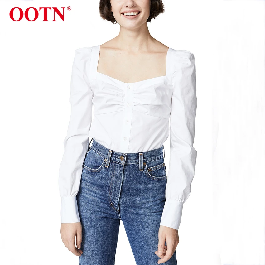 

OOTN Vintage Square Collar White Blouse Female Button Ruched Long Sleeve Women Blouse Shirt 2019 Autumn Ladies Office Shirts Top