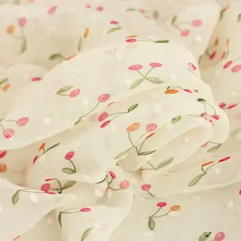 

1Yard Cherry Strawberry Printed Chiffon Lace Fabric Summer African Fabric For Girls Wedding Dress Sewing Net French Fabric DIY