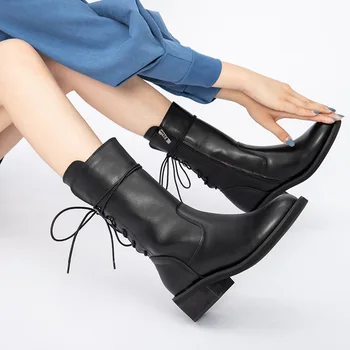 

Black Boots Women Genuine Leather Wedge Martin Boots Women's Shoes 2020 New Fashion Platform Shoes Woman Winter Chaussures Femme