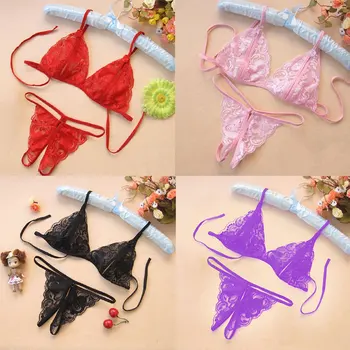 

Hot solid 2PCS Women Sexy Lingerie set See-through Lace Babydoll Unpadded Bra HIgh Waist G-String Thong Underwear Set