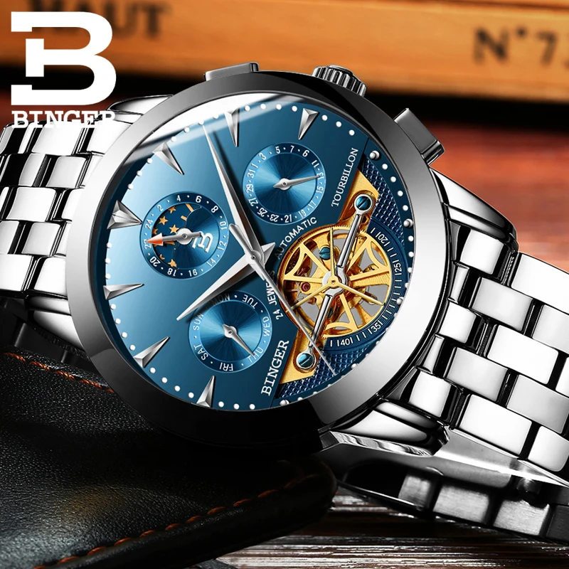 BINGER деловые часы Мужские автоматические светящиеся часы мужские Tourbillon водонепроницаемые механические часы Топ бренд relogio masculino