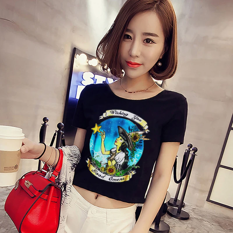 

Sexy Crop Top T Shirt Women Short Sleeve O-Neck T-Shirt Summer Funny Wish Good Omens Gothic Harajuku Aesthetic Brand Tee Femme