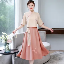 Летний женский двухсекционный костюм xin kun, китайская одежда, улучшенный Cheongsam han dynasty, костюм с юбкой