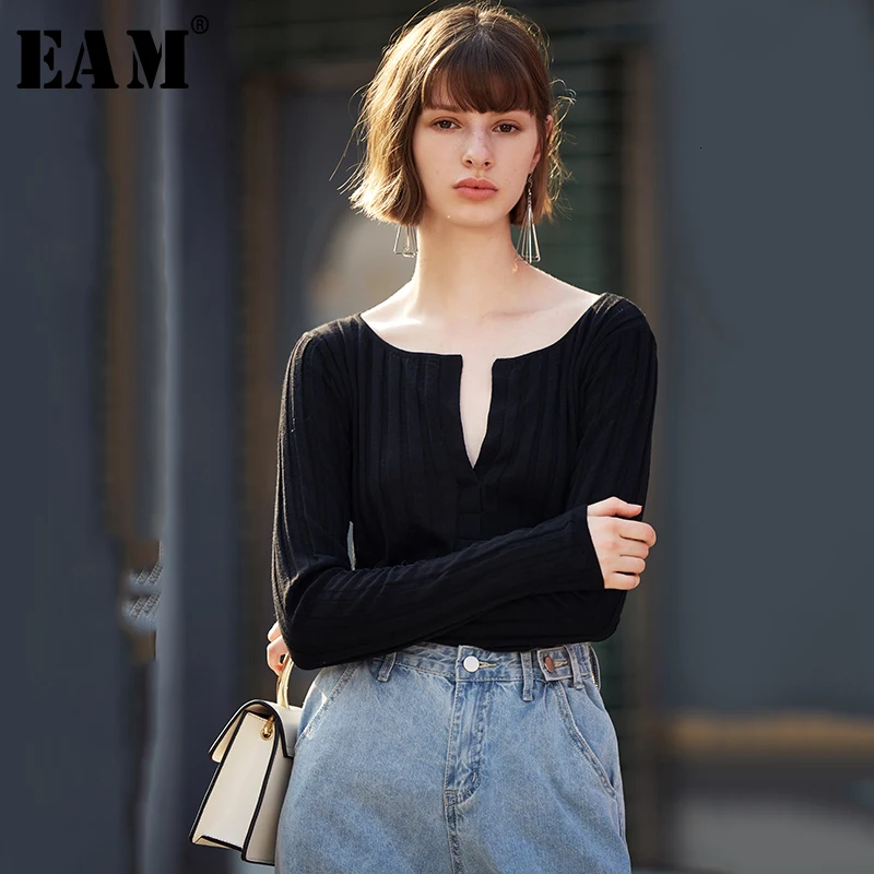 Best Price [EAM] Black Brief Knitting Sweater Pullover Loose Fit V-Neck Long Sleeve Women New Fashion Tide Autumn Winter 2020 1D138