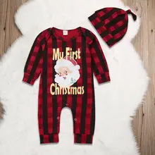 Рождественский костюм для новорожденных девочек и мальчиков «My 1ST» комбинезон с длинными рукавами в клетку с Санта-Клаусом+ шляпа, одежда для детей от 0 до 24 месяцев
