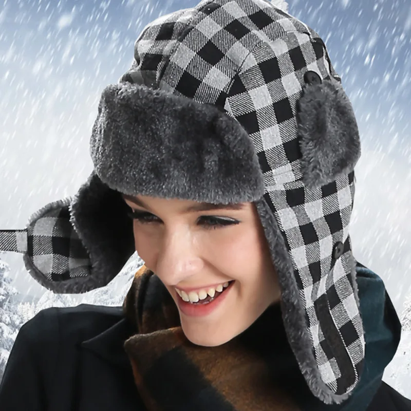 

Bomber Hat Women Unisex Men Winter Hat with Earflaps for Women Warm Ear Flaps Cap Windproof Thicker Plaid Russian Ushanka Hat
