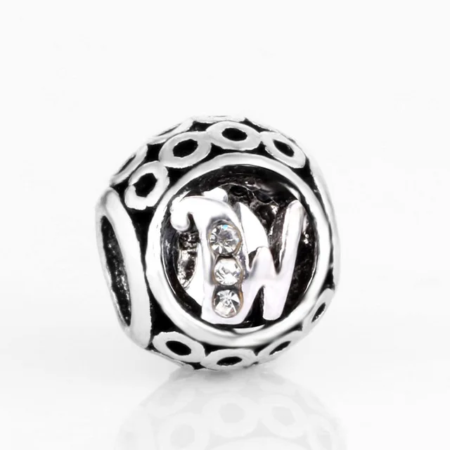 free shipping MOQ 1pc round openwork initial letter alphabet diy bead fit original pandora charms bracelet X004 - Цвет: W