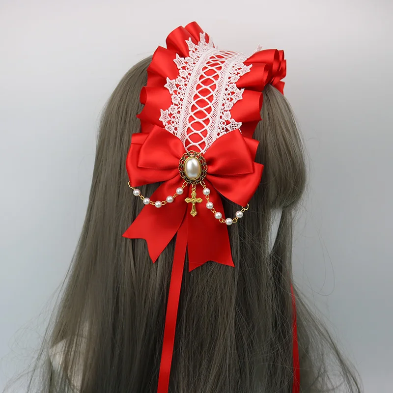 Мягкие японские игрушки Лолита убор для головы с кружевами сладкий дикий kc повязка на голову боковой зажим, аксессуар для волос ручной работы головной убор - Цвет: Red