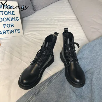 

Winter Warm Gothic Black Martin Platform Boots Women Fashion Flat Round PU Leather Ankle Boots 2020 Autumn Lace Up Black Shoes