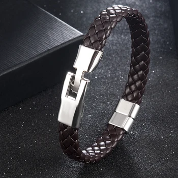 

High Quality Men Women Leather Wrap Wristband Cuff Magnetic Clasp Bracelet Stainless Steel Buckle Clasp Bracelets Jewelry