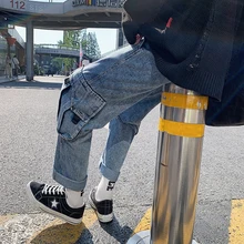 Новые мужские модели портового ветра свободные прямые широкие джинсы рабочие брюки с большим карманом хип-хоп японский стиль хлопок синий