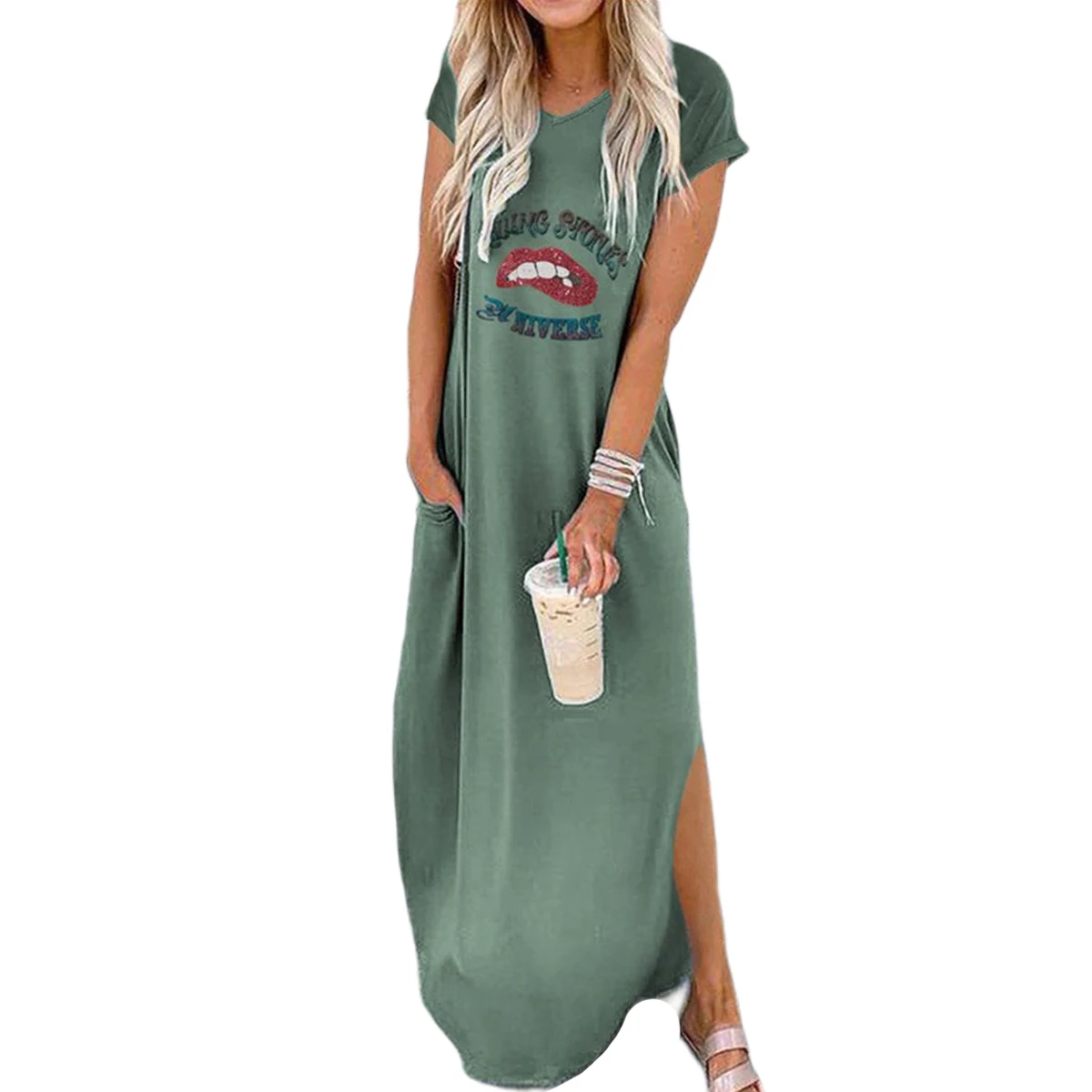 

2020 Women Summer V-neck A-line Dress Short Sleeve Letter Printed Dresses Ladies Elegant Ruffles Party Dress Casual Sundress