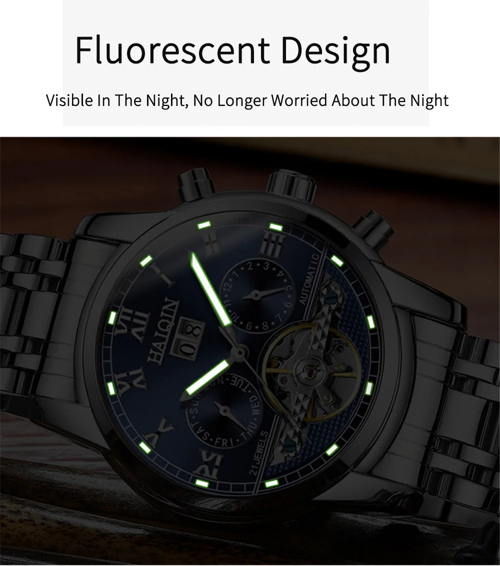 HAIQIN механические модные Tourbillon мужские часы из нержавеющей стали с дисплеем недели полностью водонепроницаемые часы с календарем Мужские часы