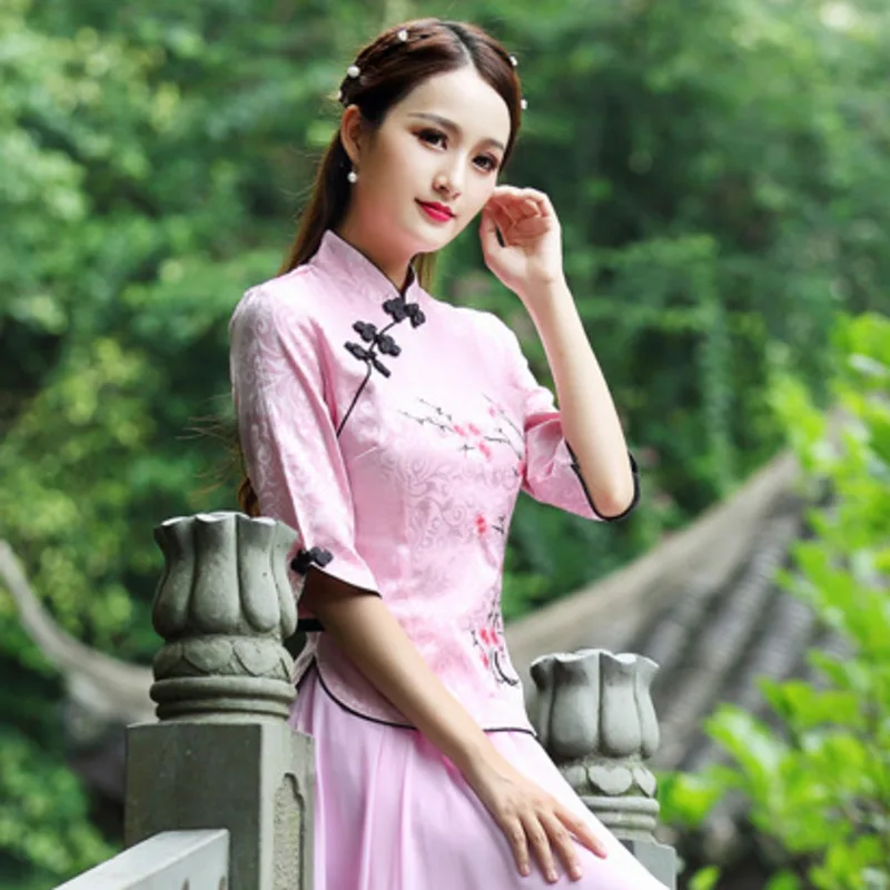 SHENG COCO цветы сливы блузка Чонсам белая вышитая Женская жаккардовая Ципао из хлопка блузка традиционная китайская блузка 3XL