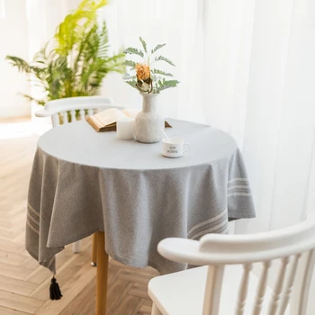 

DUNXDECO Tablecloth Round Table Cover Fabric Modern Simple Fresh Gray White Stripe Coffee Store Party Mesa Decorative Mat