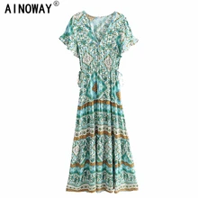 Винтажное шикарное женское зеленое пляжное богемное Платье макси с цветочным принтом, женское плиссированное платье с v-образным вырезом