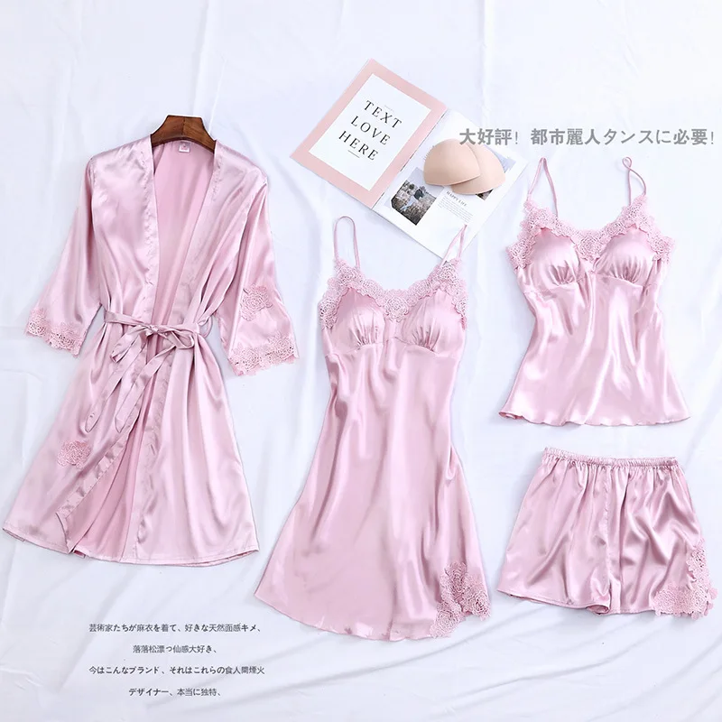 4PCS Pajamas Suit Intimate Lingerie Women Satin Sleepwear Kimono Robe Gown Casual Bride Bridesmaid Wedding Gift Sexy Nightgown