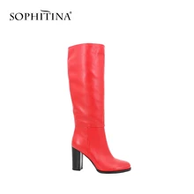 SOPHITINA/Лидер продаж 2019г. Женские сапоги изиз натуральной кожи, подкладка из ворсина. Демисезонные ботинки с округленным мыском на высоком толстом каблуке и устойчивой подошве. Теплая обувь с молнием и резиной. B53
