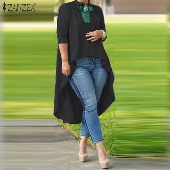 

2020 Fashion Asymmetrical Hem Shirt 2020 Autumn ZANZEA Women Long Sleeve Buttons Blouse Casual Loose Solid Tunic Tops Blusas 7