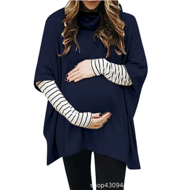 Пуловер; толстовка; сезон осень-зима; Одежда для беременных женщин; свитер с высоким воротником и длинными рукавами; топы в полоску - Цвет: Синий