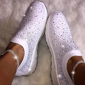 

MCCKLE Women Sneakers Flat Vulcanized Shoes Knit Ladies Slip On Woman Glitter Crystal Loafer Women's Casual Shoes Female New