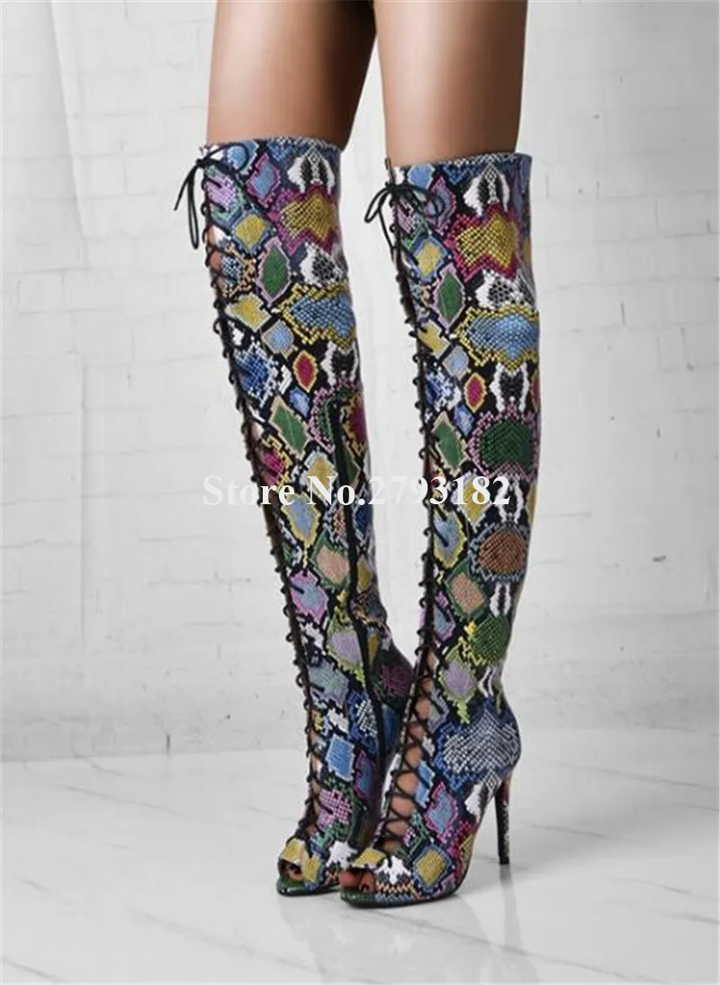 Для женщин пикантные модные открытый носок женская обувь из кожи змеи на тонком каблуке сандалии-гладиаторы по колено, сапоги на шнуровке Длинные, с высоким каблуком сапоги Туфли под платье