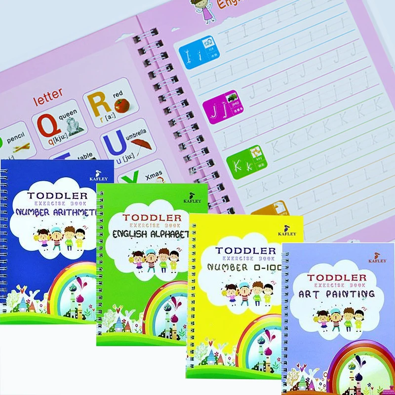 Libro mágico de práctica con 4 libros y bolígrafo para niños, juguete de escritura con pegatina, cuaderno en inglés para caligrafía Montessori, Juguetes