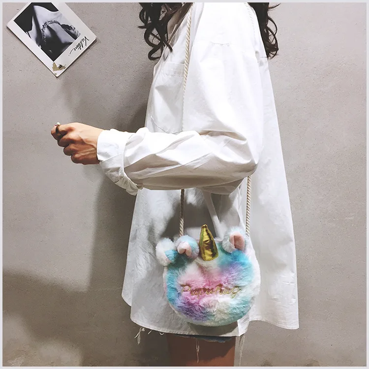 Good quality fashion Unicorn Horn Kids Girls Plush Shoulder Bag Soft Plush Coin Purse for female handbags