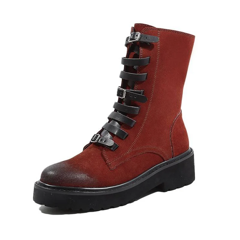 red cow suede Женские ботинки до середины икры из натуральной кожи с круглым носком на высоком каблуке; теплые вечерние ботинки на молнии в стиле ретро; большие размеры; L33 - Цвет: red cow suede