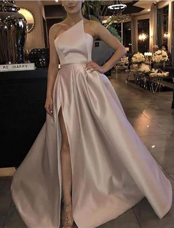 

2020 New Sexy Satin Prom Dresses Sleeveless Side Split Formal Prom Gowns Floor Length Evening Gowns Plus Size Vestido De Soiree