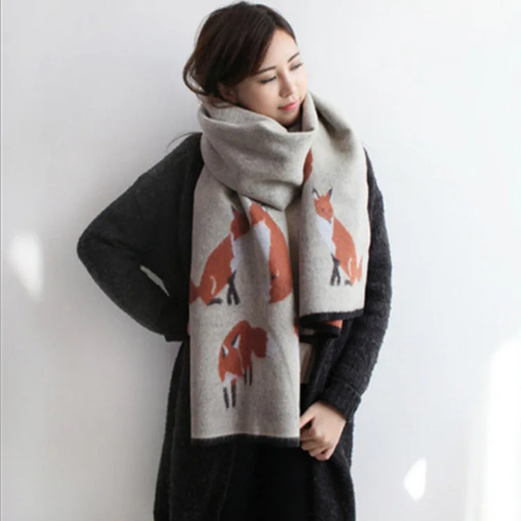 

Vintage Fashion Scarf Women Winter Warm Fox Pattern Scarves Designer Luxury Long Print Wraps Shawl