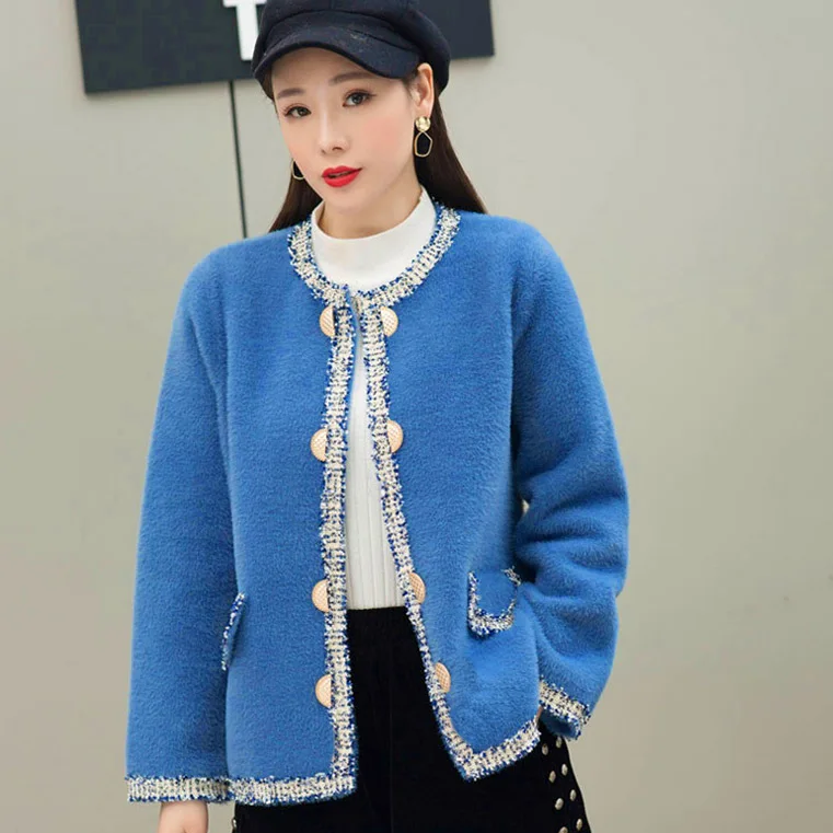 Вязаный свитер из искусственного меха норки Элегантный женский осенне-зимний вязаный кардиган корейский стиль женский свободный свитер casaco feminino