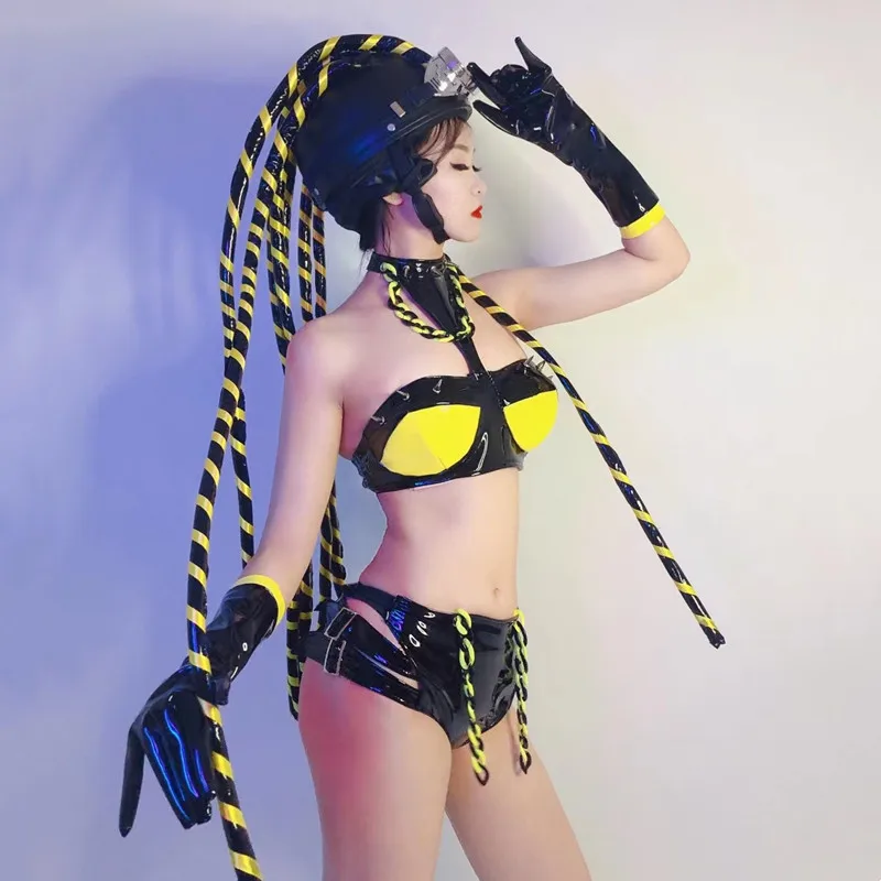 

Bar Club Party Show Performance Clothes PU Leather Bikini Gloves Wig Headdress Outfits Women Dancer Gogo Costume Sexy Stage Wear