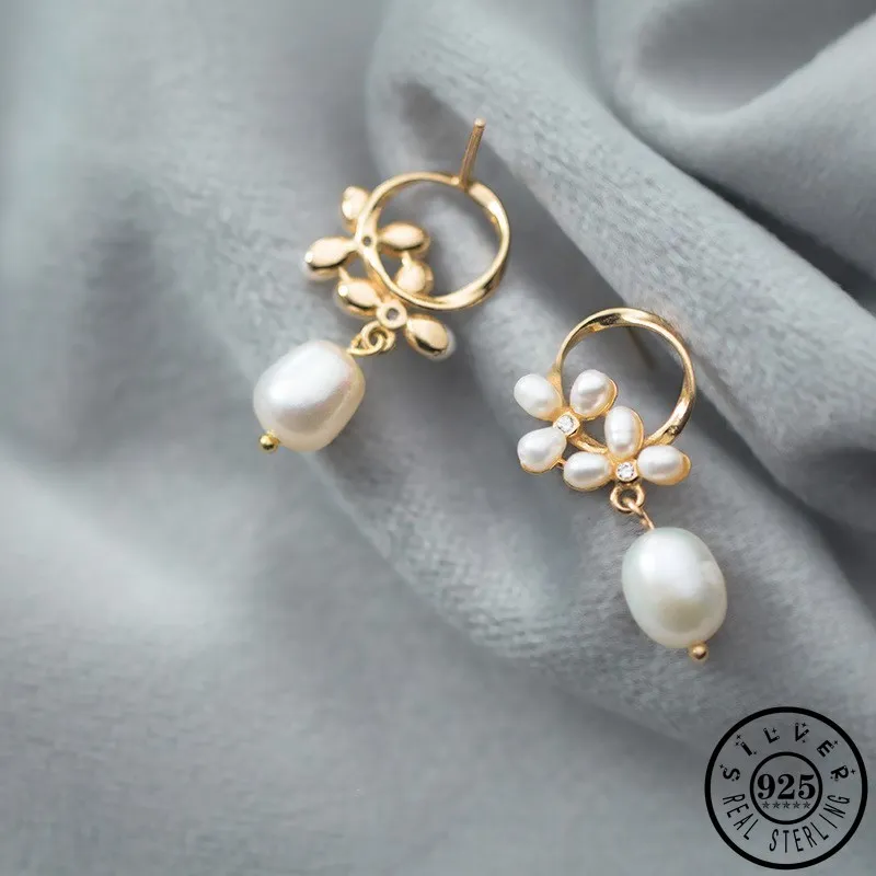925 Sterling Silver Natural Freshwater White Pearl Pendant Luxury Gold Color Plated Dangle Drop Earrings Jewelry Gifts for Women | Украшения