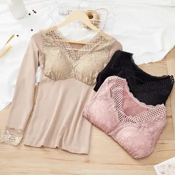 

Women 2021 Autumn Winter Slim Thermal Underwear Base Shirt Female Lace V-neck Seamless Body Long-sleeved Thermal Underwear A410