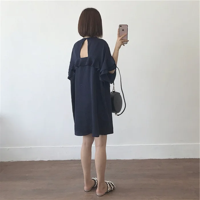 

Loose-Fit Slimming Backless Chiffon Dress Summer Wear for Women Korean-style Mid-length Versatile Crew Neck Short Sleeve A- line