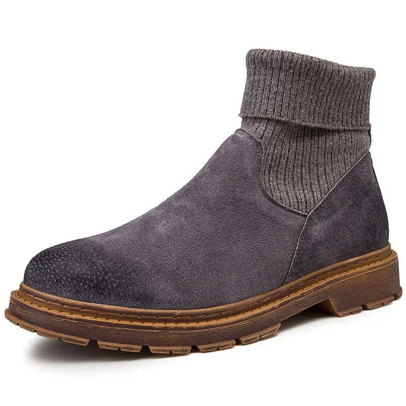 Мужские ботинки martin с высоким берцем; Botas; Модные трикотажные уличные кожаные ботинки; мужские повседневные дышащие ботинки без застежки - Цвет: grey