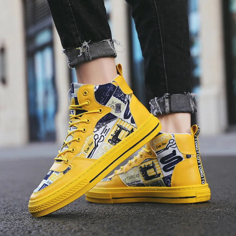 

Autumn high-top men's shoes 2019 new ins tide shoes printing medium-top board shoes casual shoes