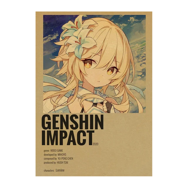 Genshin Impact Anime Posters Kraft Paper Prints Home Room Decor Study Bedroom Bar Cafe Wall Paintings Cartoon Wall Stickers Kraft Paper