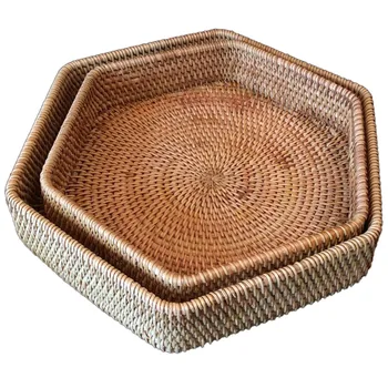 

Natural Handmade Rattan Hexagonal Storage Basket Tea Tray Fruit Basket Nut Snacks Hand-Woven Basket Desktop Storage Tray