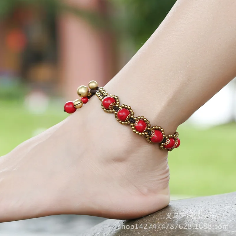 Bohemian Handmade Natural Stone Bells Pendant Anklet Chain For Women Beach Ethnic Foot Chain Charms Jewelry